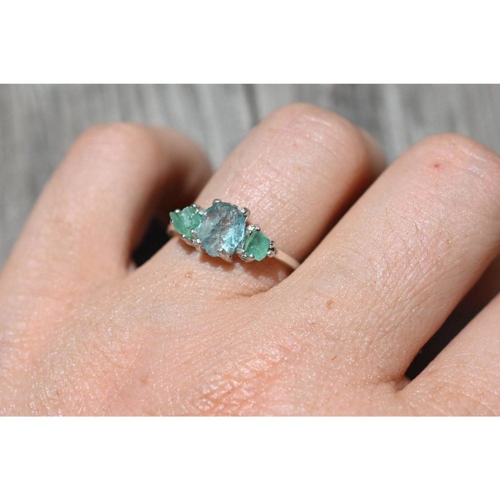 Aquamarine and Emerald engagement ring set size 3 4 5 6 7 8 9 10 11 12 13